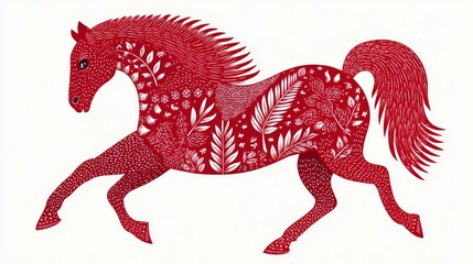 Red paper-cut illustration of a cute horse in simple flat vector style, isolated on white background for design projects.