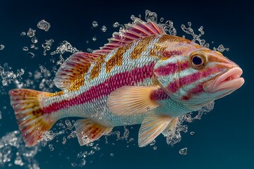 Large silvery-brown and pink striped fish jumping out of water with white splash on dark blue background, hyperrealistic wildlife action scene.