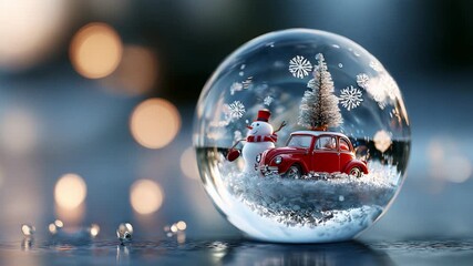 A Captivating Holiday Scene Inside a Snow Globe Featuring a Cheerful Snowman and a Classic Red Car Surrounded by Festive Snowflakes and a Beautiful Christmas Tree, Perfectly Encapsulating the Holiday  - Powered by Adobe
