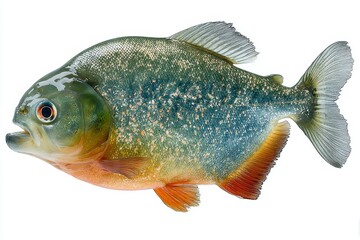 Realistic freshwater piranha isolated on white background, showcasing sharp teeth and detailed scales of the aquatic predator.