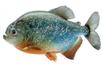 Realistic freshwater piranha isolated on white background, showcasing sharp teeth and detailed scales of the aquatic predator.