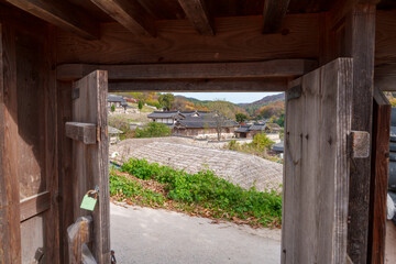 A view of the traditional tile-roofed house gates of Yangdong Village, an old village in Gyeongju, Korea.