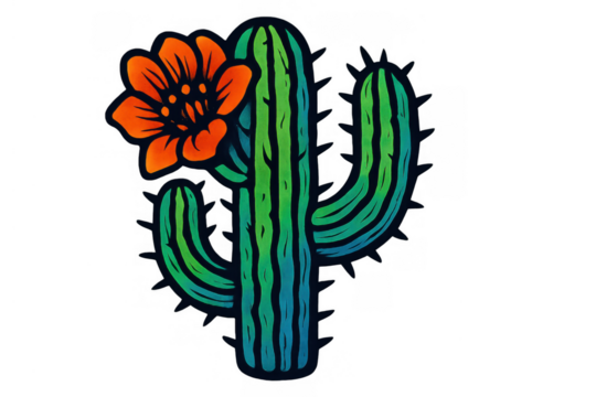 Saguaro cactus plant blooming with an orange flower in desert style illustration on a transparent background - Powered by Adobe
