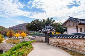 A view of the traditional tile-roofed walls of Yangdong Village, an old village in Gyeongju, Korea.