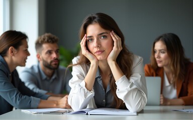 Worried upset leader woman tired worker businesswoman sitting on table in conference room sad with business problem failure multicultural team diverse colleagues in background discussing work project