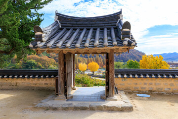 A view of the traditional tile-roofed house gates of Yangdong Village, an old village in Gyeongju, Korea.