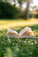 Open book lying on grass in nature, light green and white background with soft lighting for reading and relaxation concept.
