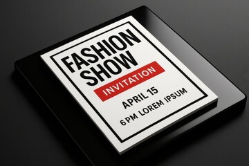 Fashion show invitation mockup on black surface with modern minimalist layout.