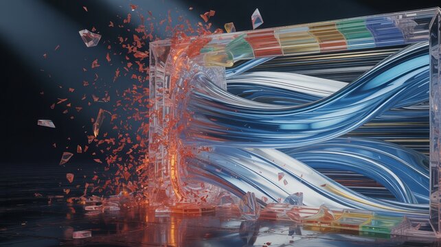 Abstract Glass Cube Shattering Revealing Blue Swirling Data Stream