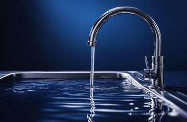 Sleek stainless steel kitchen sink with elegant faucet, water surface reflecting light and creating ripples on dark blue background.