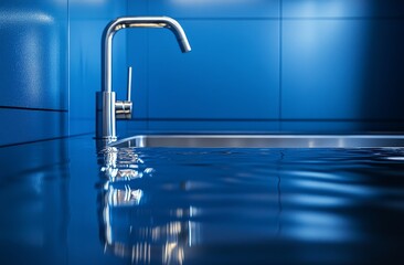 Sleek stainless steel kitchen sink with elegant faucet, water surface reflecting light and creating ripples on dark blue background.