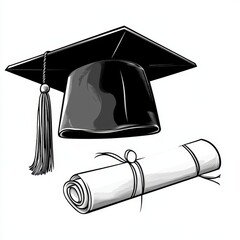 Open graduation cap with rolled diploma, black and white vector flat icon for education, academic achievement, and ceremony.