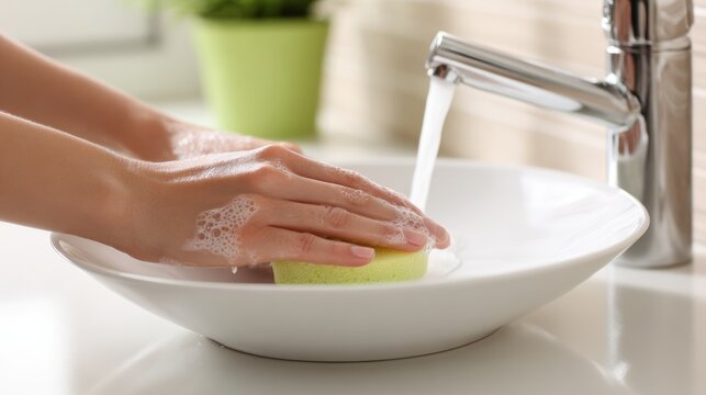 Washing a White Plate With a Sponge in a Modern Sink With Flowing Water in a Bright Kitchen