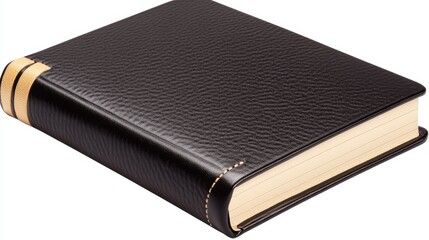 Black leather notebook with beige pages isolated on white background, open and empty for writing, journaling, or sketching.