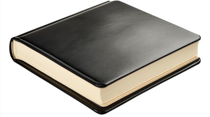 Black leather notebook with beige pages isolated on white background, open and empty for writing, journaling, or sketching.