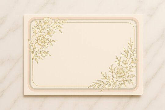 Floral blank invitation card with elegant gold line art frame on light marble background.