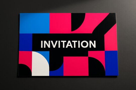 Modern geometric invitation card with bold abstract shapes in pink, blue, black and white on dark background.