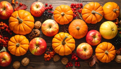 Autumn Harvest - Pumpkins, Apples, and Berries on Wooden Surface.