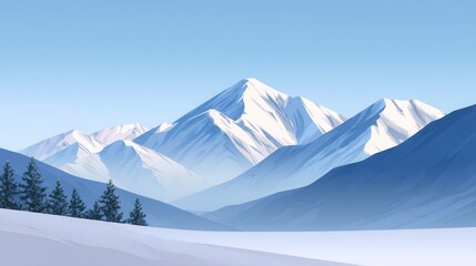 A serene winter landscape featuring majestic snow-covered mountains under a clear blue sky, ideal for nature and travel themes.