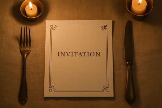 Invitation card on dinner table with candles, fork and knife under warm light, romantic evening or event concept, top view.