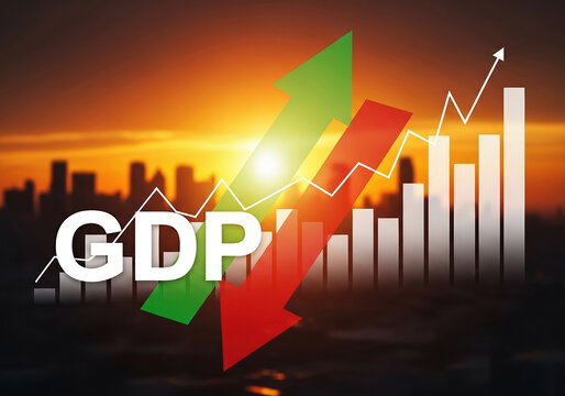 Gross Domestic Product GDP text with up and down arrows on cityscape background showing economic fluctuations during sunset for analysis