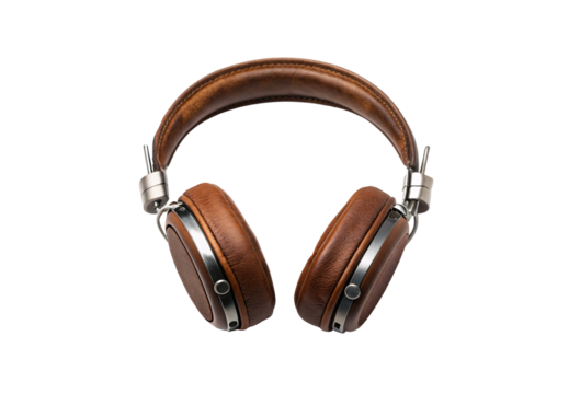 Brown leather headphones with metal accents, isolated on a transparent background - Powered by Adobe