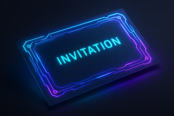 Futuristic glowing invitation card with neon blue and purple circuit frame on dark background, cyberpunk digital design concept.