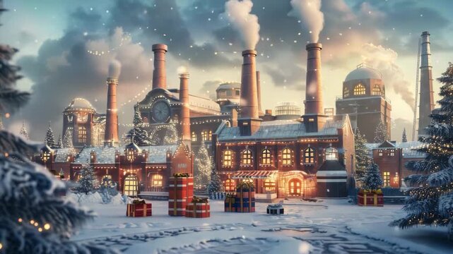 Magical Christmas Toy Factory in Snowy Winter Landscape
