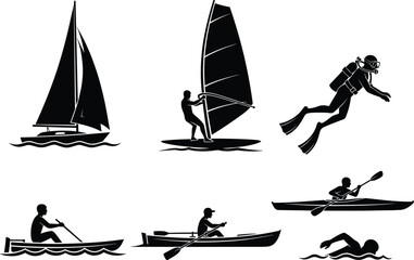 Black silhouettes of water sports and activities sailing, sailing, sailboat, windsurfing, windsurfer, scuba diving, diver, kayaking, kayaker, rowing, rower, swimming, swimmer, water sports, ocean, sea