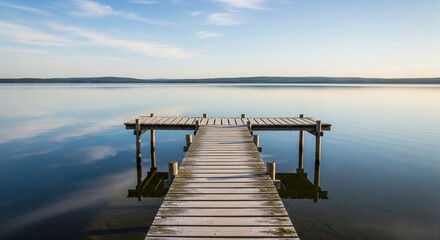 Empty Wooden Pier Reaching into Tranquil Lake Water Surface