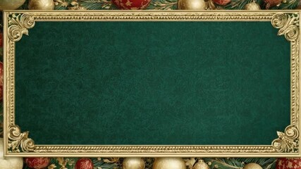 A gold-colored ornate frame decorated with pine branches and holiday ornaments surrounding a textured dark green center