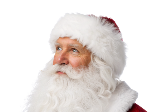 Santa Claus in traditional red hat looking upward, isolated on a transparent background