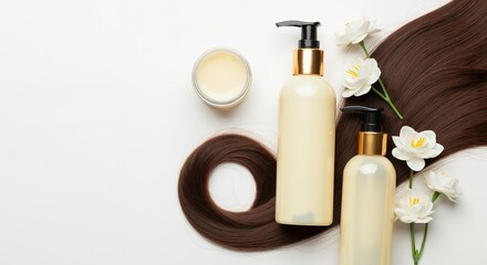 A flat lay of hair care products with a lock of shiny brown hair and white flowers. Natural cosmetic shampoo, conditioner, and mask on a white background with copy space