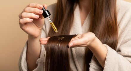 Woman applying nourishing oil with a dropper to her long brown hair. Hair care treatment and beauty routine concept for healthy, shiny hair