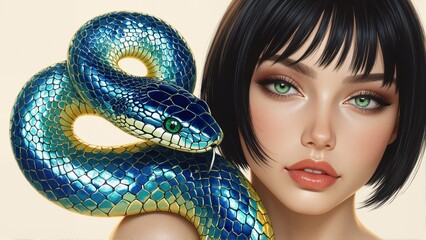 Woman with short black hair posing with a vibrant blue and yellow snake on her shoulder against a light background.