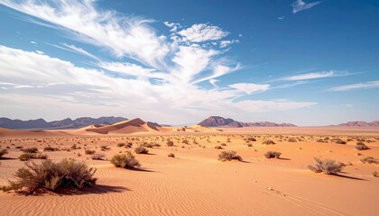 A wide, arid desert scene under a clear blue sky, featuring undulating sand dunes and scattered dry bushes.