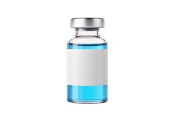 Clear medical vial with blue liquid and white blank label with silver metal cap, isolated on a transparent background