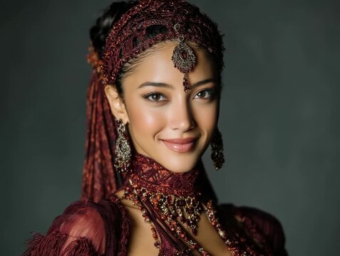 Beautiful model showcasing traditional attire in rich colors with intricate accessories at a studio setting