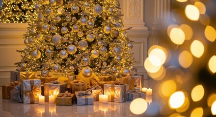 Golden Festive Delight: An adorned Christmas tree, radiant with golden ornaments and twinkling lights, stands amidst a collection of wrapped gifts and illuminated candles.
