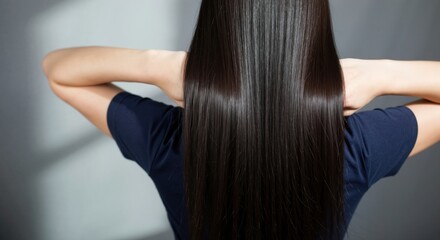 Naklejka premium Back view of a woman with long, straight, and shiny dark hair. Healthy brunette hair after salon treatment. Hair care and beauty concept