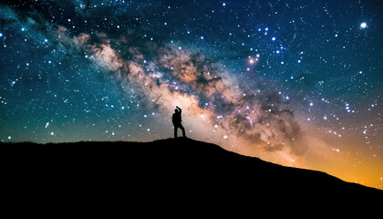 Fototapeta premium Silhouette man standing admiring a breathtaking view of the Milky Way