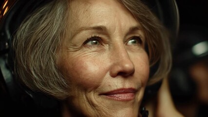 Experienced woman prepares for aerial adventure while smiling and wearing a helmet in preparation for a thrilling flight