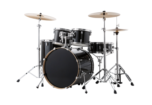 Dark metallic drum kit with brass cymbals, professional five-piece set with complete hardware, isolated on a transparent background - Powered by Adobe
