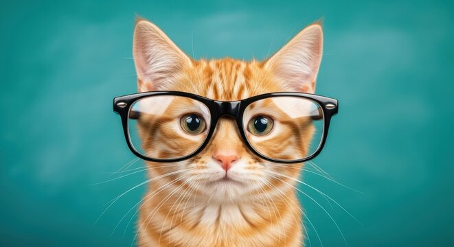 Smart Cat's Scholar Look: A ginger cat, sporting stylish glasses, gazes intently, exuding an air of intellect and curiosity. Capturing a charming blend of intelligence and feline charm.
