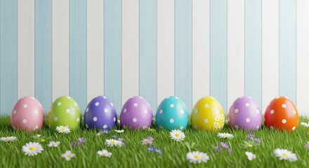 Easter Eggs in Vibrant Display: A colorful arrangement of decorated eggs rests on a bed of fresh, green grass. Each egg, meticulously adorned with polka dots.