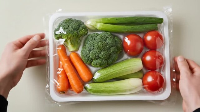 Fresh produce, including tomatoes, broccoli, carrots, and cucumbers, neatly arranged and shrink-wrapped on a tray
