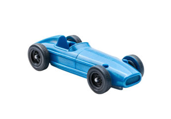Blue vintage racing car toy with exposed cockpit and classic styling, isolated on a transparent background