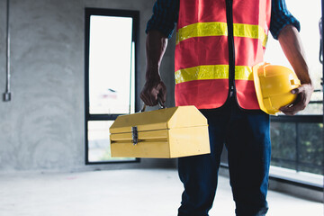 Male worker with tools box, engineer worker prepare tools