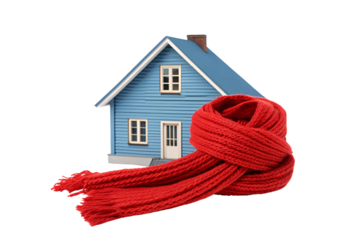 Blue miniature house model wrapped with red knitted scarf snugly, isolated on a transparent background