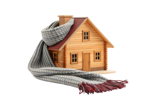 Small wooden house model wrapped in gray knitted scarf warmly, isolated on a transparent background
